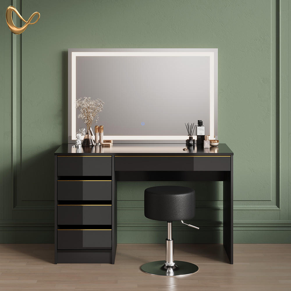 SCHMINKTISCH Imola Schwarz/Gold mit LED-Spiegel und Hocker - Goldfarben/Schwarz, Holzwerkstoff (120/75/55cm) - Livinity®