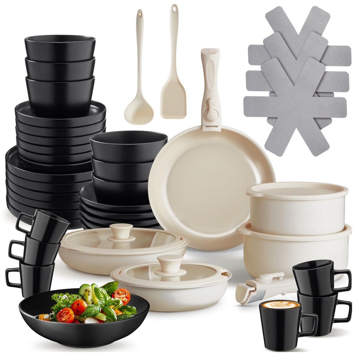 KÜCHENSTARTERSET 46er Set Una/Genua, inklusive Küchenwerkzeugen, Topfschonern und anklemmbaren Griffen, schwarz/weiß - Schwarz/Weiß, Keramik - tectake
