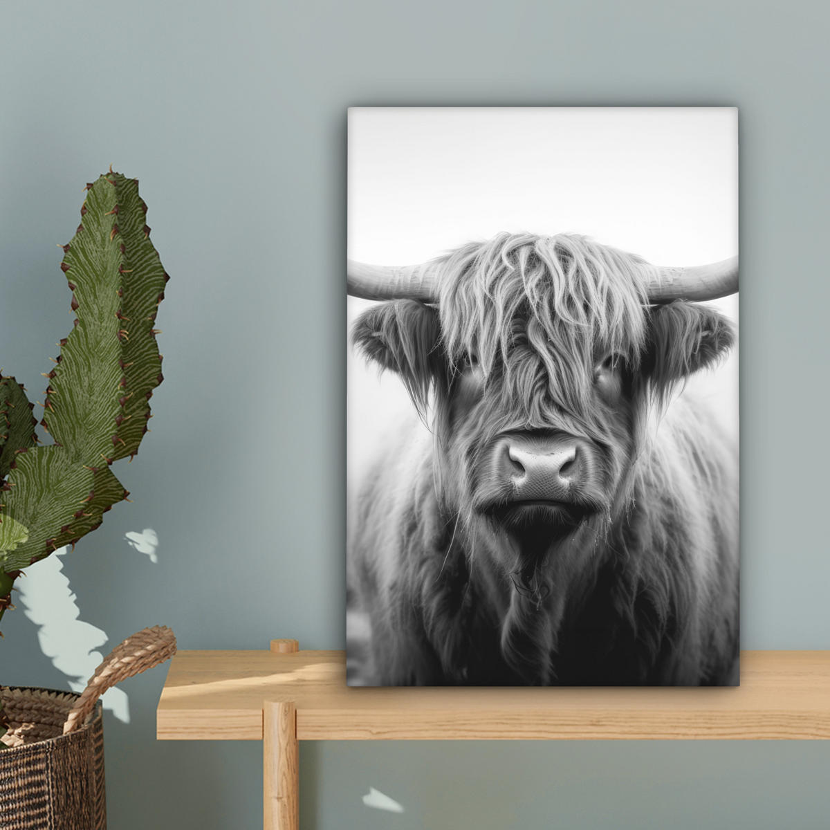 LEINWANDBILD - Schottischer Highlander - Nebel - Schwarz - Weiß - 20x30 - Bilder - Grau, Textil (20/30cm) - MuchoWow
