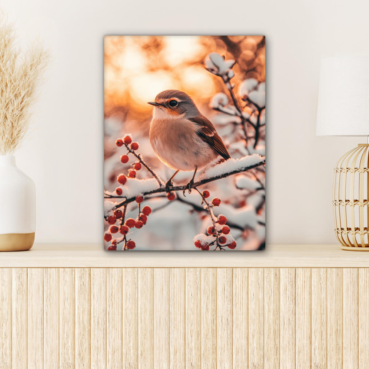 LEINWANDBILD Vogel - Zweig - Winter - Tiere - Schnee 30x40 cm - Bernsteinfarben, Textil (30/40cm) - MuchoWow