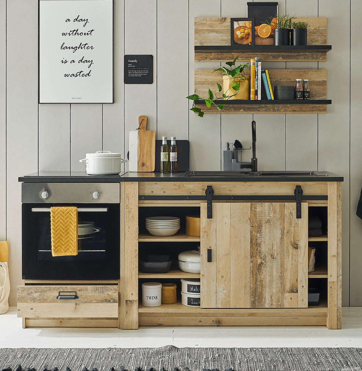 KÜCHENUNTERSCHRANK Used Wood hell, anthrazit 133 cm, Küchenschrank für Spüle oder Ceranfeld - Anthrazit/Schwarz, Holzwerkstoff/Metall (133/93/64cm) - Furn.Design