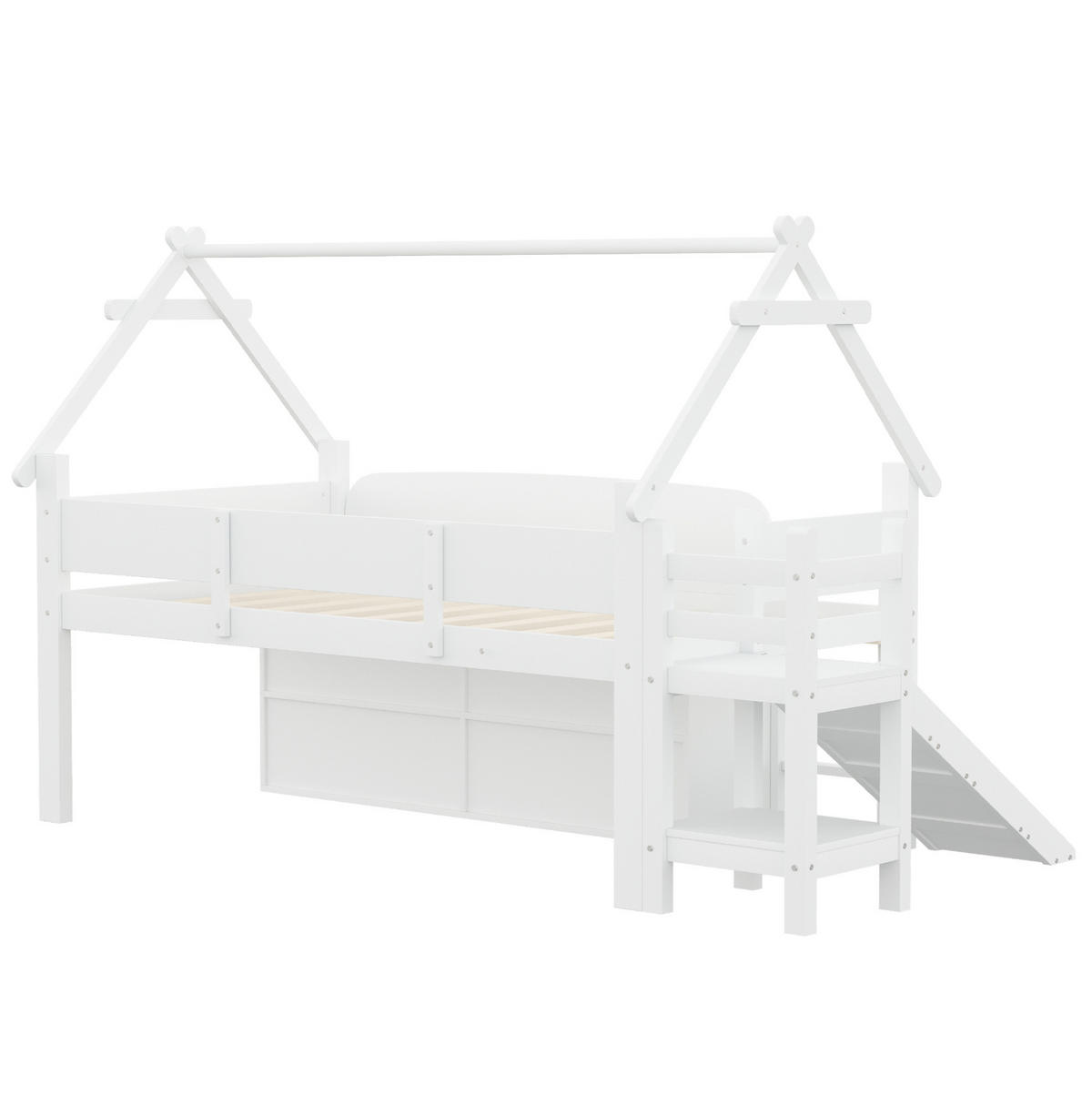 HAUSBETT 90/200 cm Weiß mit Rutsche und Sicherheitsgeländer - Weiß, Holz (90/200cm) - MIVRAY