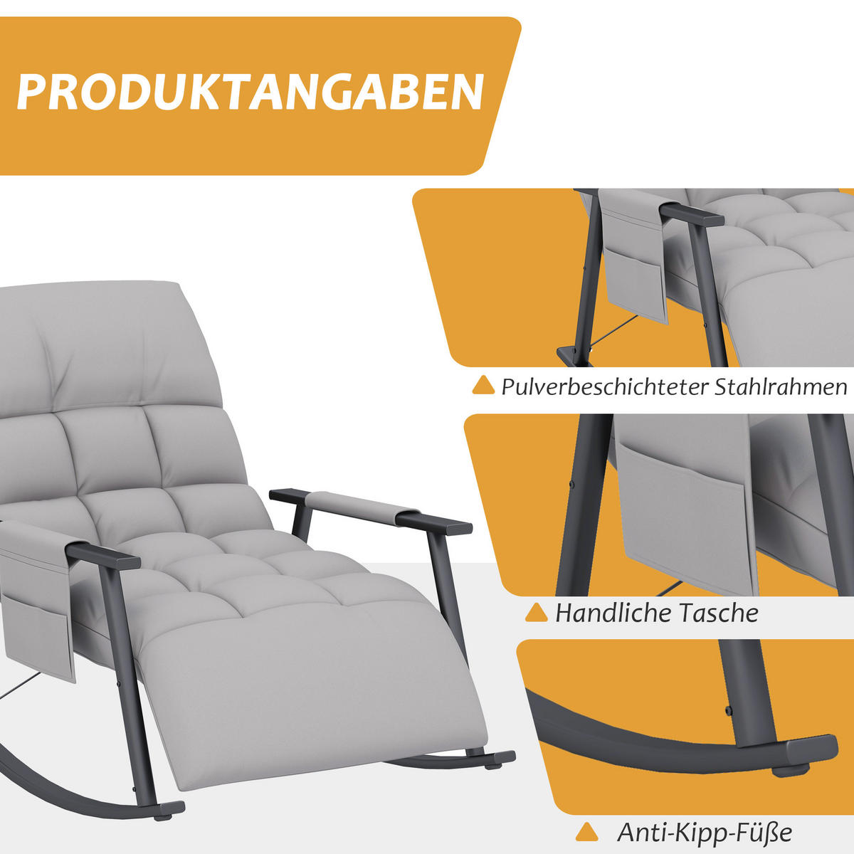 SCHAUKELSTUHL Sessel Relaxsessel mit Fußstütze, Schaukelsessel mit Seitentasche - Grau, Kunststoff (134/70/60cm) - HOMCOM