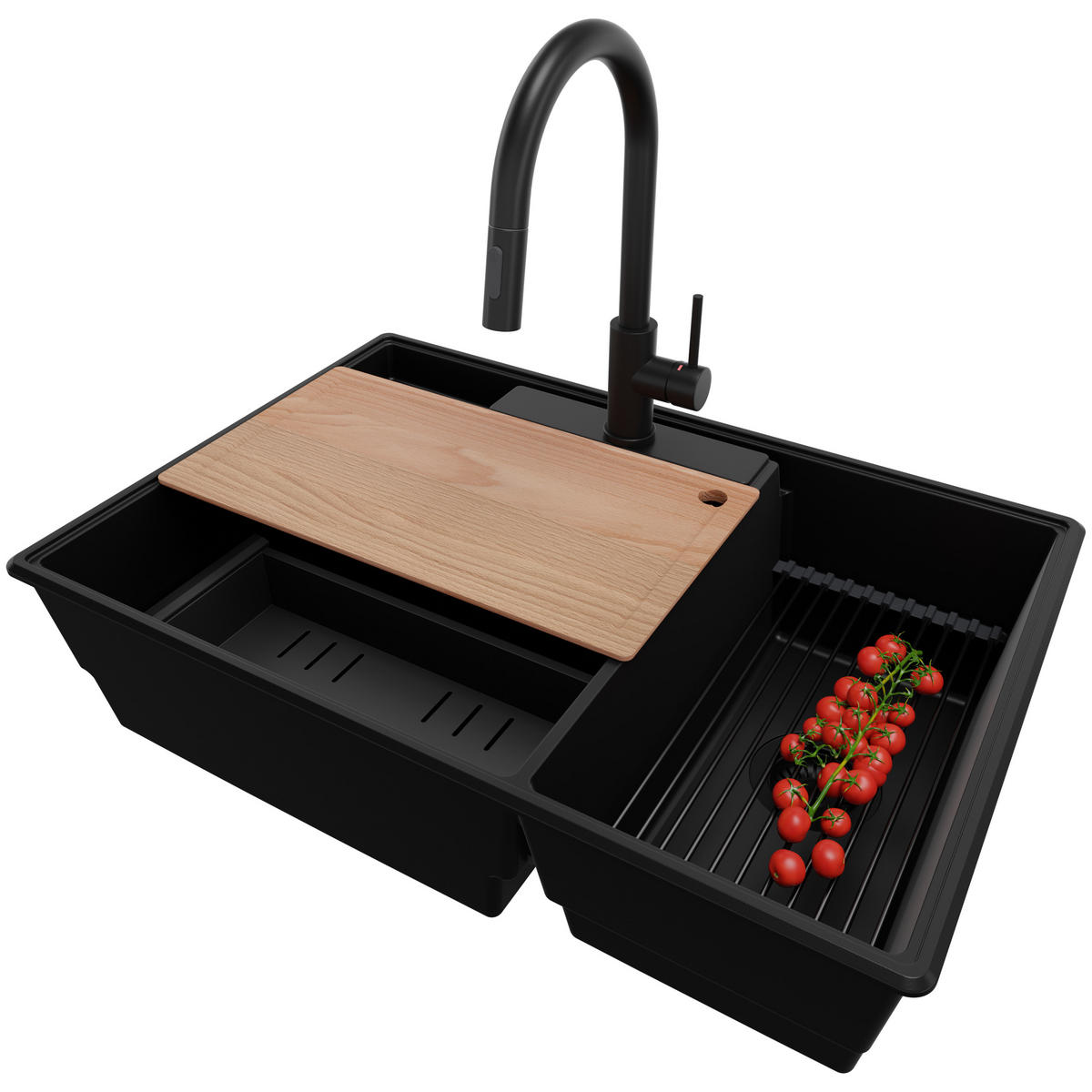 GRANITSPÜLE Paris, 2-er set Alles Schwarz 78/53 cm 2 Becken + Küchenarmatur 40/20 cm + Ablauf-Set + Küchenzubehörset ab 80er Unterschrank - Beige/Schwarz, Kunststoff (78/20/53cm) - Primagran