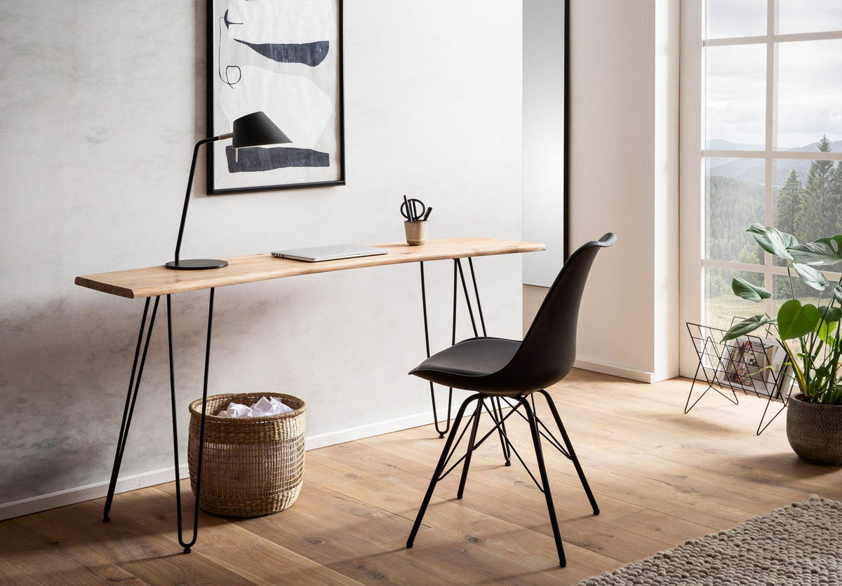 SCHREIBTISCH – Massivholz/Metall, 150x36x75 cm, Baumkante, Haarnadelbeine - Schwarz/Akaziefarben, Holz/Metall (36/150/75cm) - KADIMA DESIGN