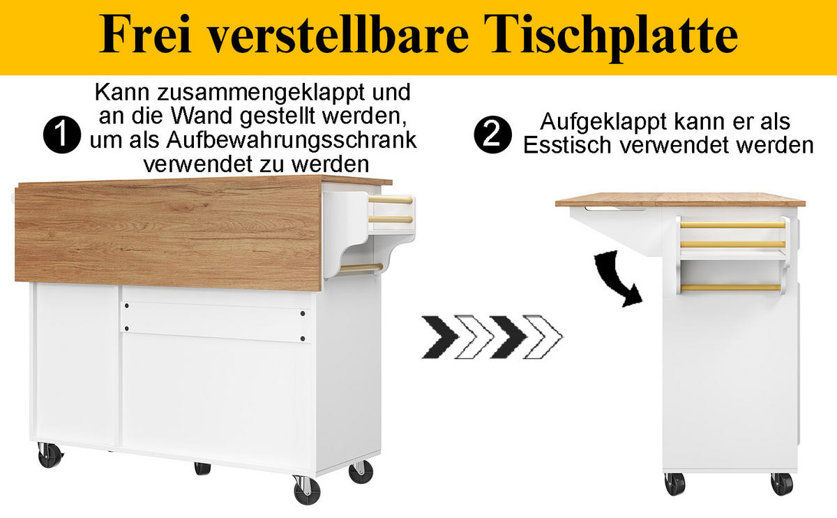 KÜCHENINSEL mit höhenverstellbarer Tischplatte und großzügigem Stauraum - Weiß, Holzwerkstoff/Metall (110/92/75cm) - Urban Meuble
