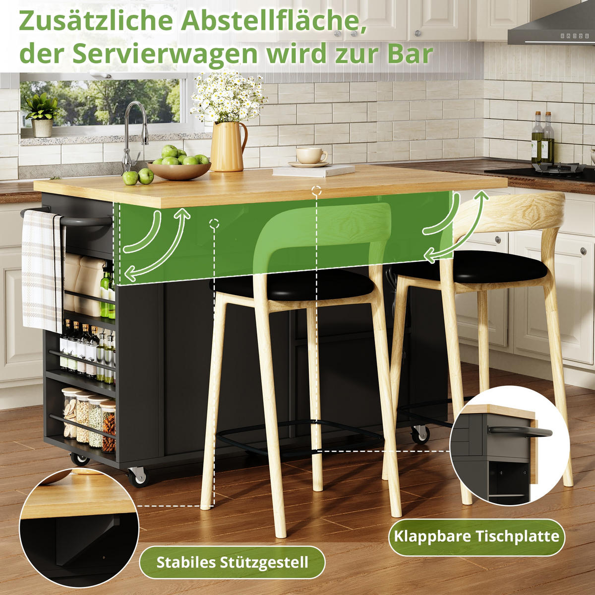 KÜCHENINSEL 129/45/84 cm Schwarz mit klappbarer Arbeitsplatte, 3 Schublade und Rollen - Schwarz, Holz (70/84/120cm) - Oxeza