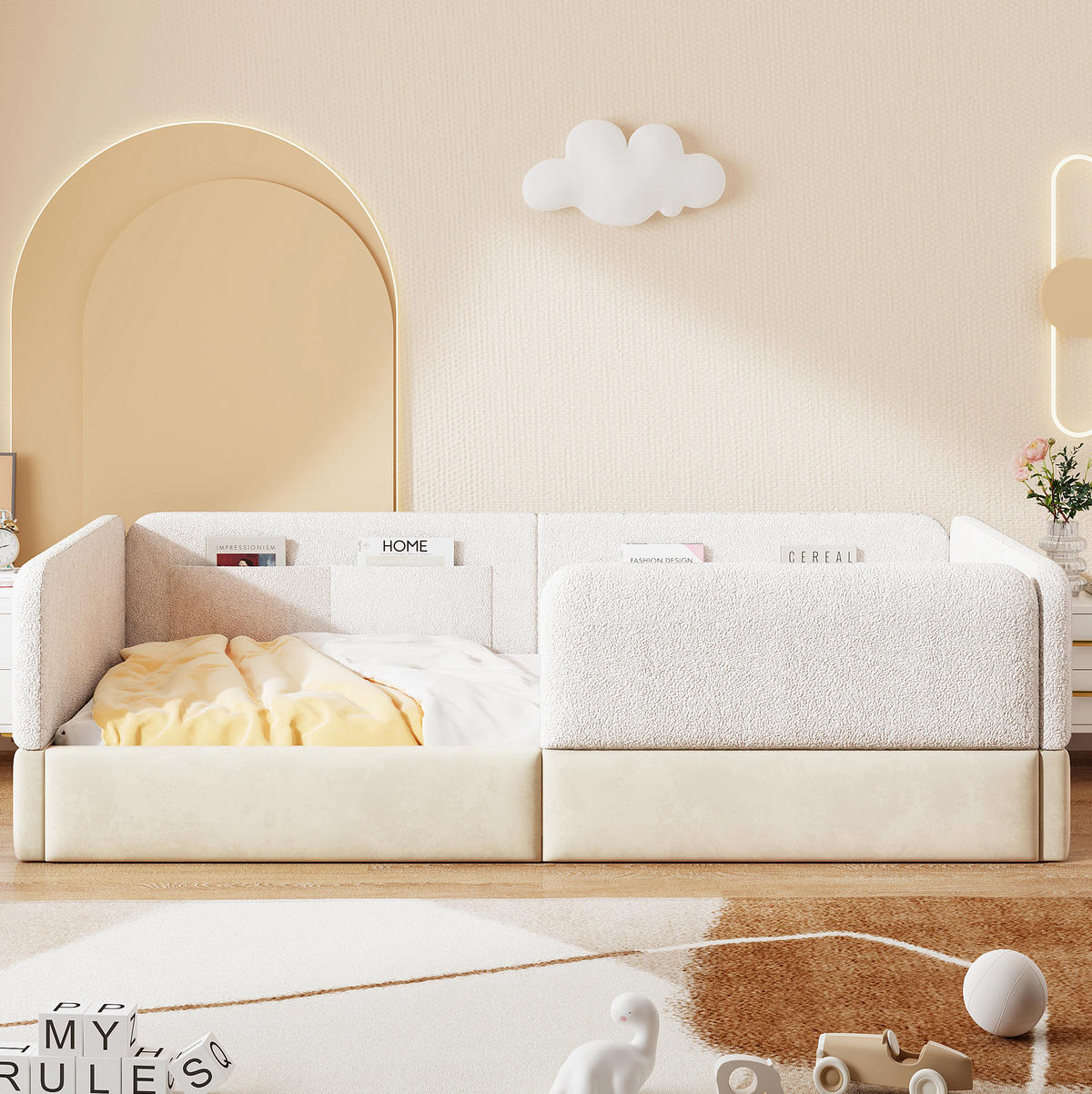 POLSTERBETT 90/200 cm weiß aus MDF, Samt und PU mit Schutzgitter - Weiß, Holzwerkstoff (90/200cm) - OKWISH
