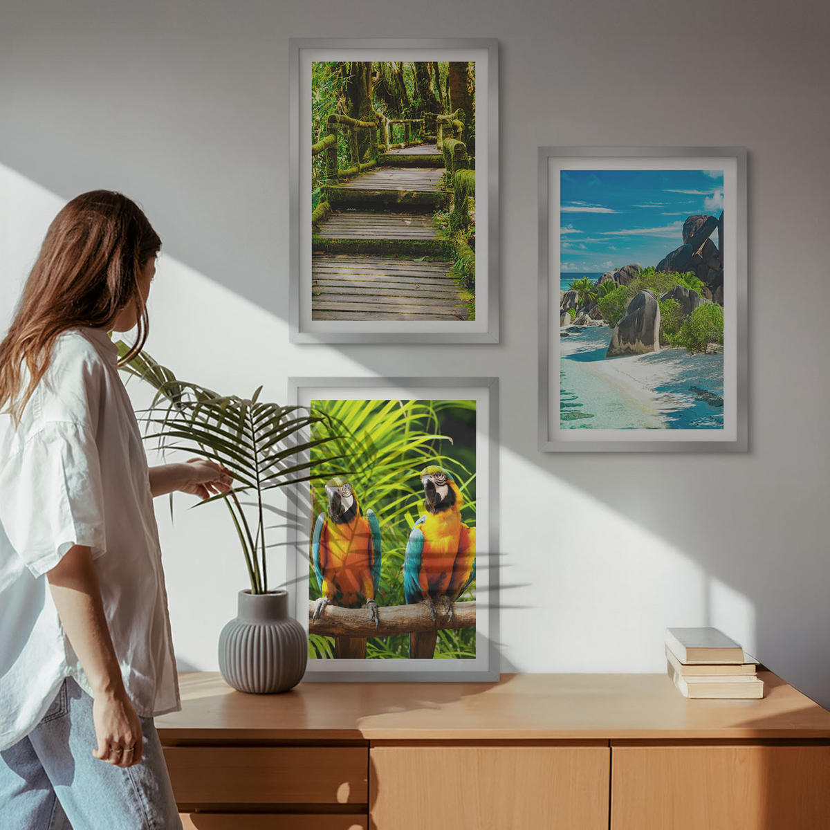 WANDBILDER 3er Set - 40x60 cm Silberner Rahmen - Tropischer Wald Papageienwasserfall - Silberfarben, Kunststoff (40/60cm) - ArtPrintCave