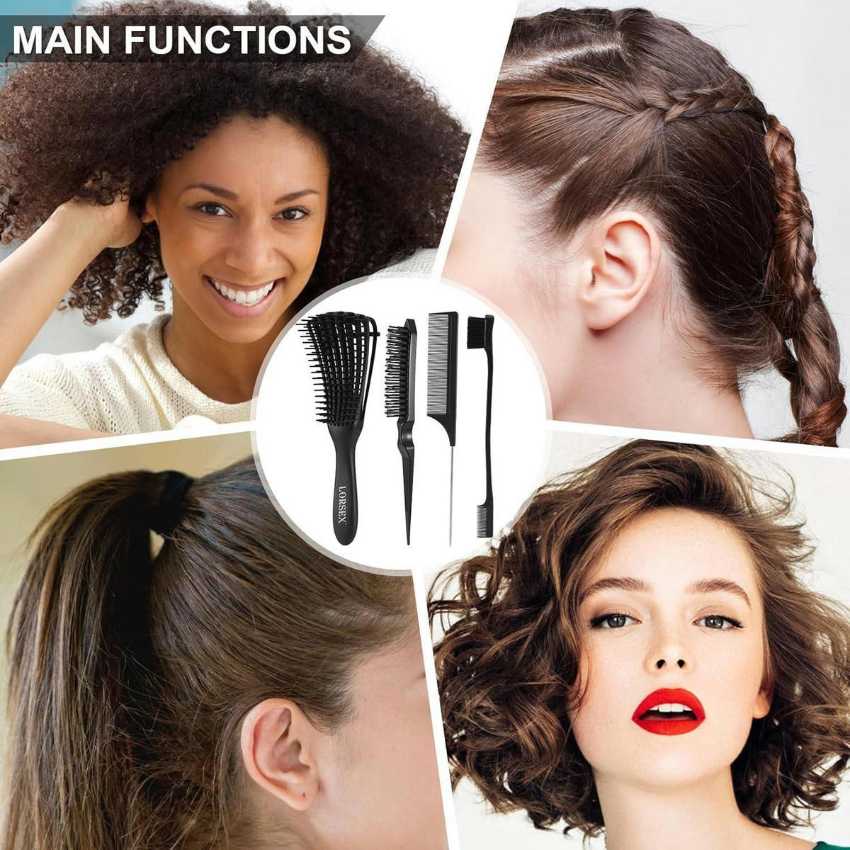 HAARBÜRSTEN-SET 4-teilig für lockiges Haar - Schwarz, Kunststoff (60/5/240cm)