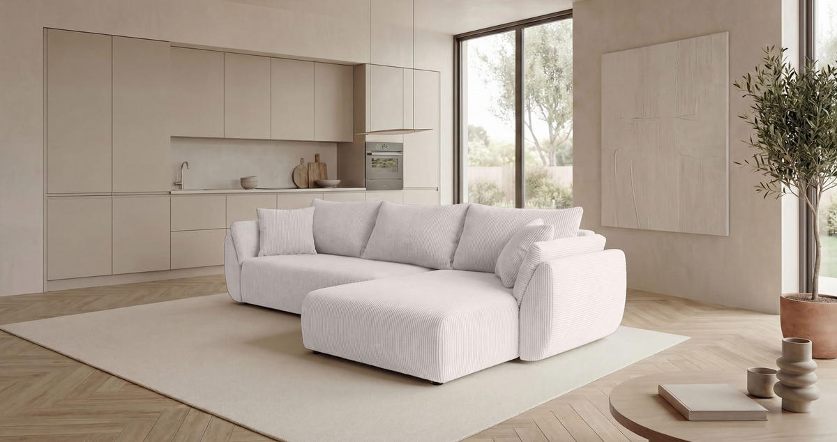 ECKSOFA SYDNEY rechts weiß Cord Poso 100 - Schlaffunktion, Bettkasten - Weiß, Textil (174/280cm) - Cornero