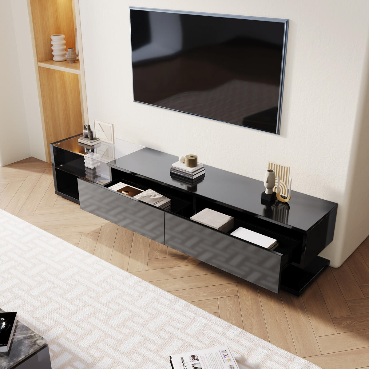 TV-SCHRANK in Schwarz Hochglanz mit 2 Schubladen und LED 170/38/36 cm - Schwarz, Holzwerkstoff (170/38/36cm) - Redom