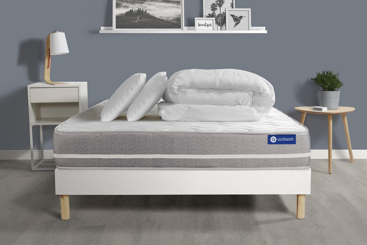 BETT Actiflex touch Taschenfederkern 140 x 190 cm h1 - Kit Bettgestell Weiß - Mit Kissen und Bettdecke - Beige/Weiß, Holz/Textil (140/190cm) - ACTISOM