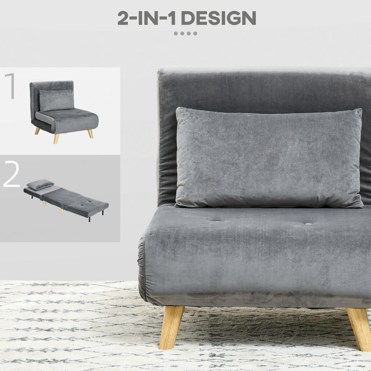 SCHLAFSESSEL, Samt, Gummiholz, Grau - Grau, Textil (78/79/72cm) - HOMCOM