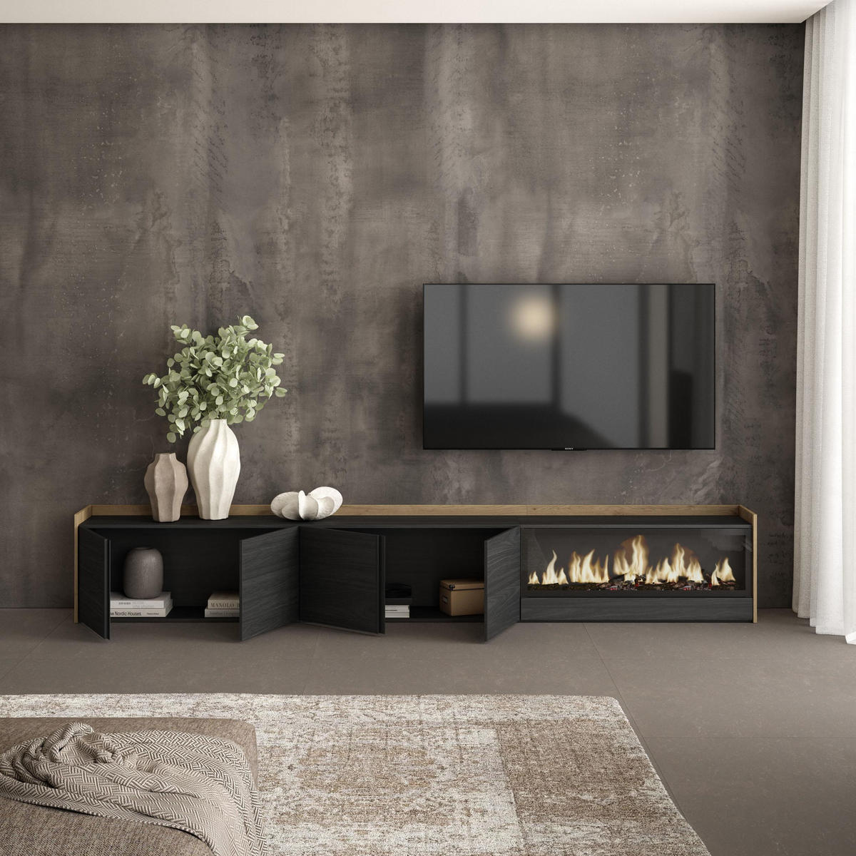 LOWBOARD, Schwarz und Eiche, 315/35/50cm, Kamin mit Feuereffekt XXL - Schwarz, Holzwerkstoff (315/50/35cm) - Skraut Home