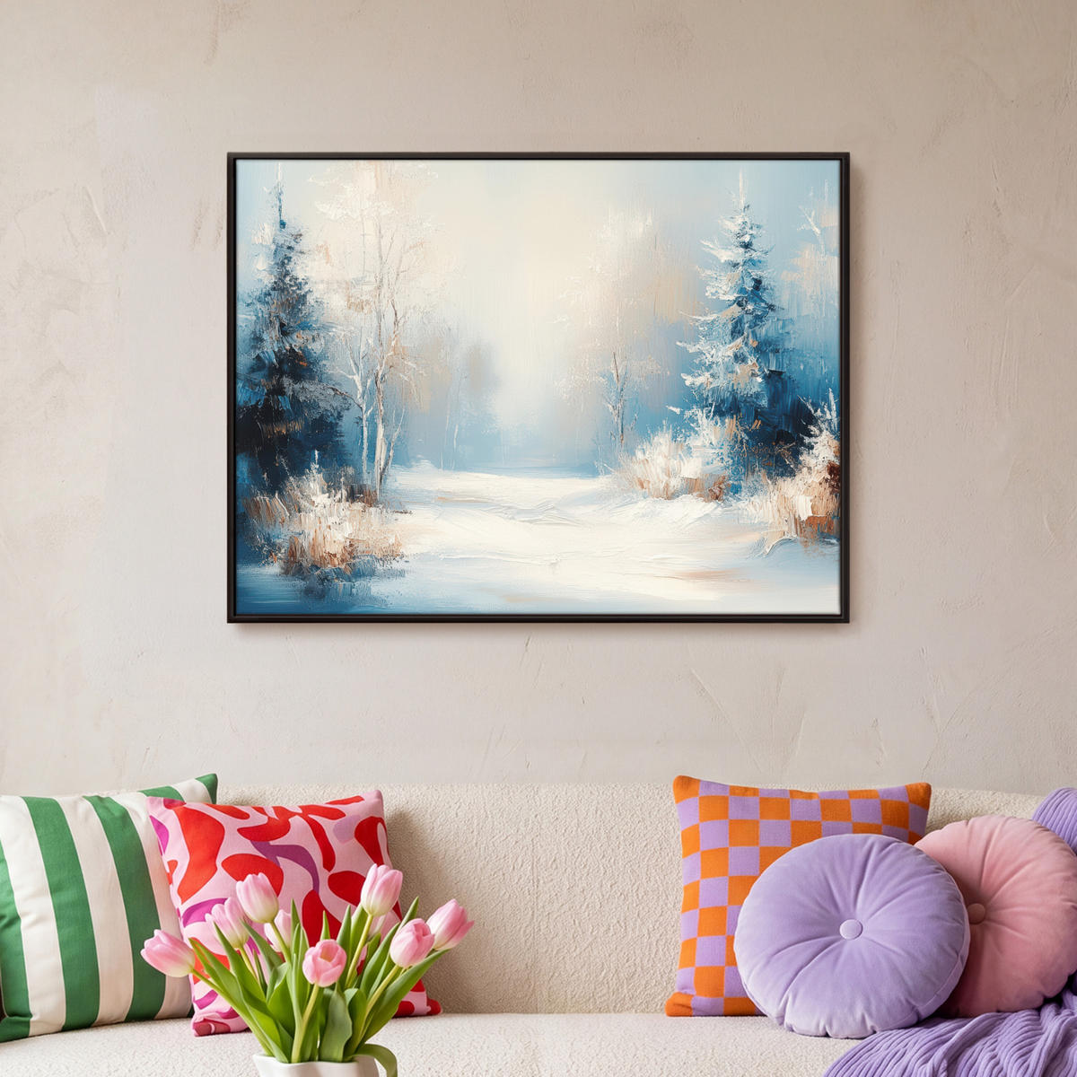 LEINWAND Bilder mit Rahmen - Wald – Winter – Natur – Abstrakt – Schnee - 70x50 - Weiß, Textil (70/50cm) - MuchoWow