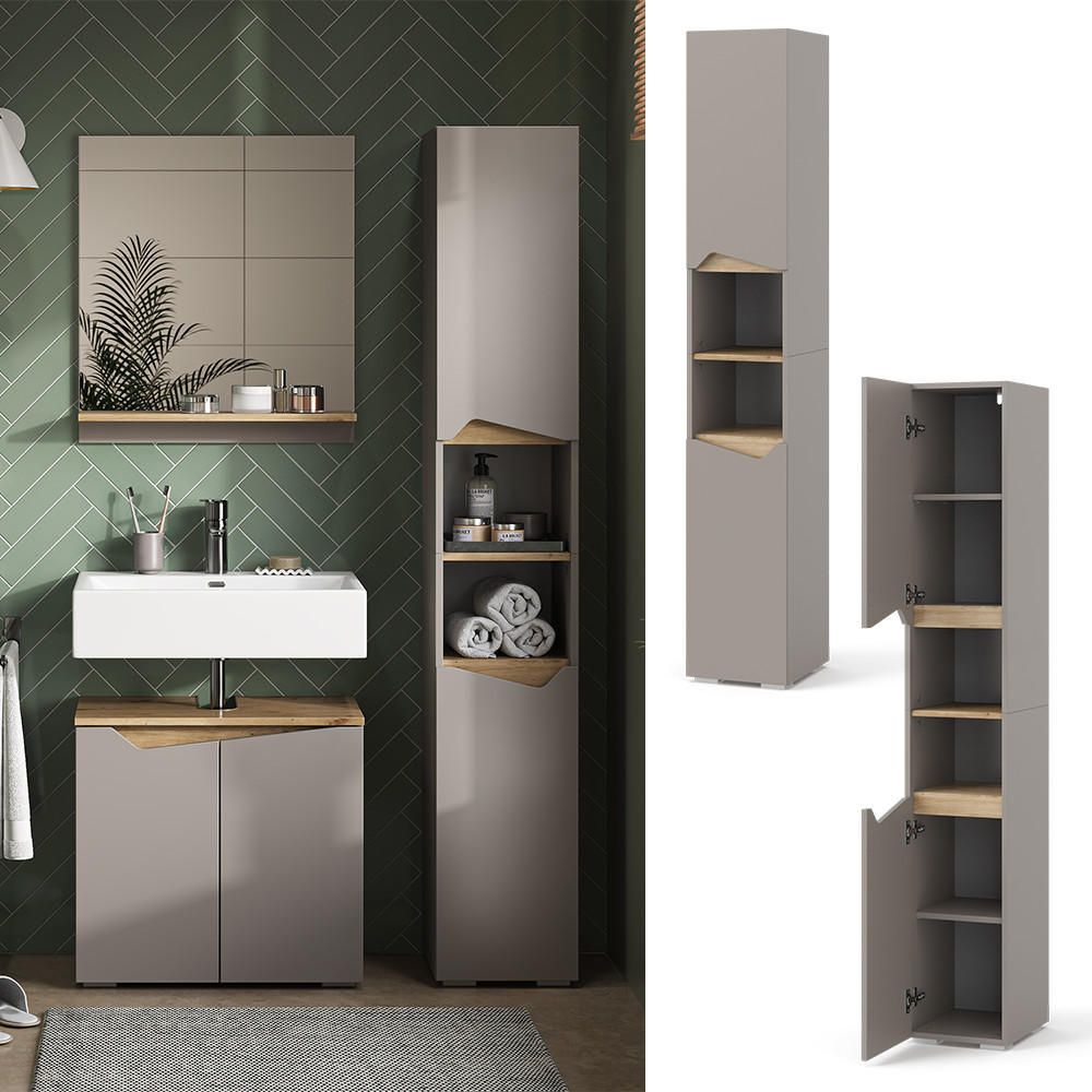 BADSCHRANK Marelle Greige 30 x 180 cm mit Türen, und offenen Fächern - Greige/Grau, Holzwerkstoff (30/180/35cm) - Vicco