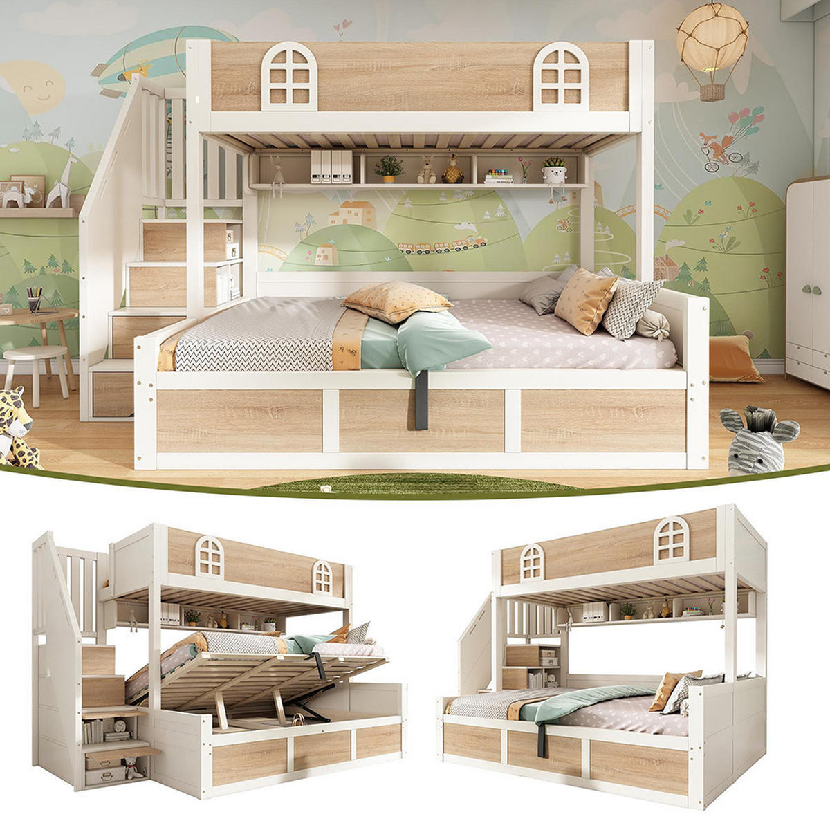 ETAGENBETT 90x200 und 140x200 cm mit hydraulischem Stauraum,ohne Matratze - Naturfarben, Holz (140/200cm) - KOMHTOM
