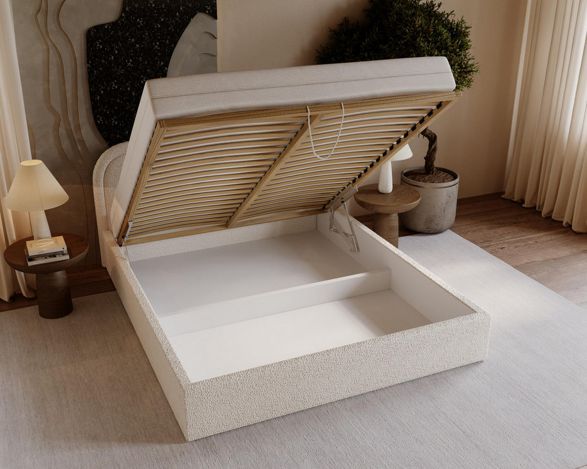 DOPPELBETT 180x200 Dune mit Bettkasten, runde Kopfteil, Bouclé, Creme - Creme, Holz/Textil (180/200cm) - Emporius