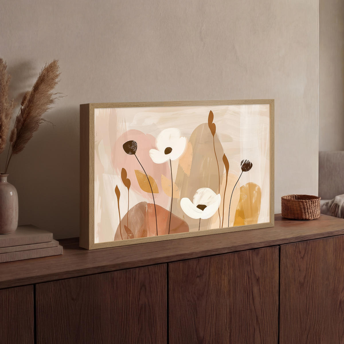 WANDLEUCHTE MIT AKKU Blumen - Abstrakt - Beige - Strichzeichnung 60x40 cm - Sandfarben, Holzwerkstoff (60/40/8cm) - OnlyWow