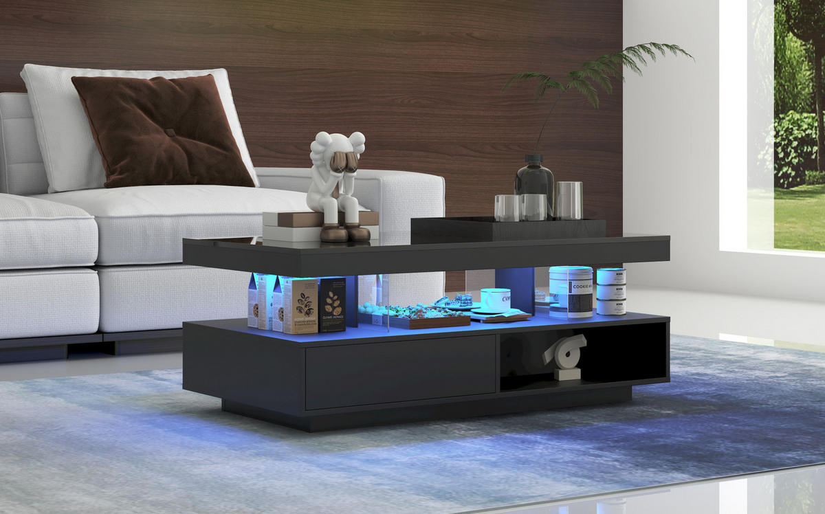 COUCHTISCH 95/50/42,5 cm Schwarz Hochglanz mit LED-Beleuchtung und 2 Schubladen - Schwarz, Holzwerkstoff (95/50/42.5cm) - Flora Grace