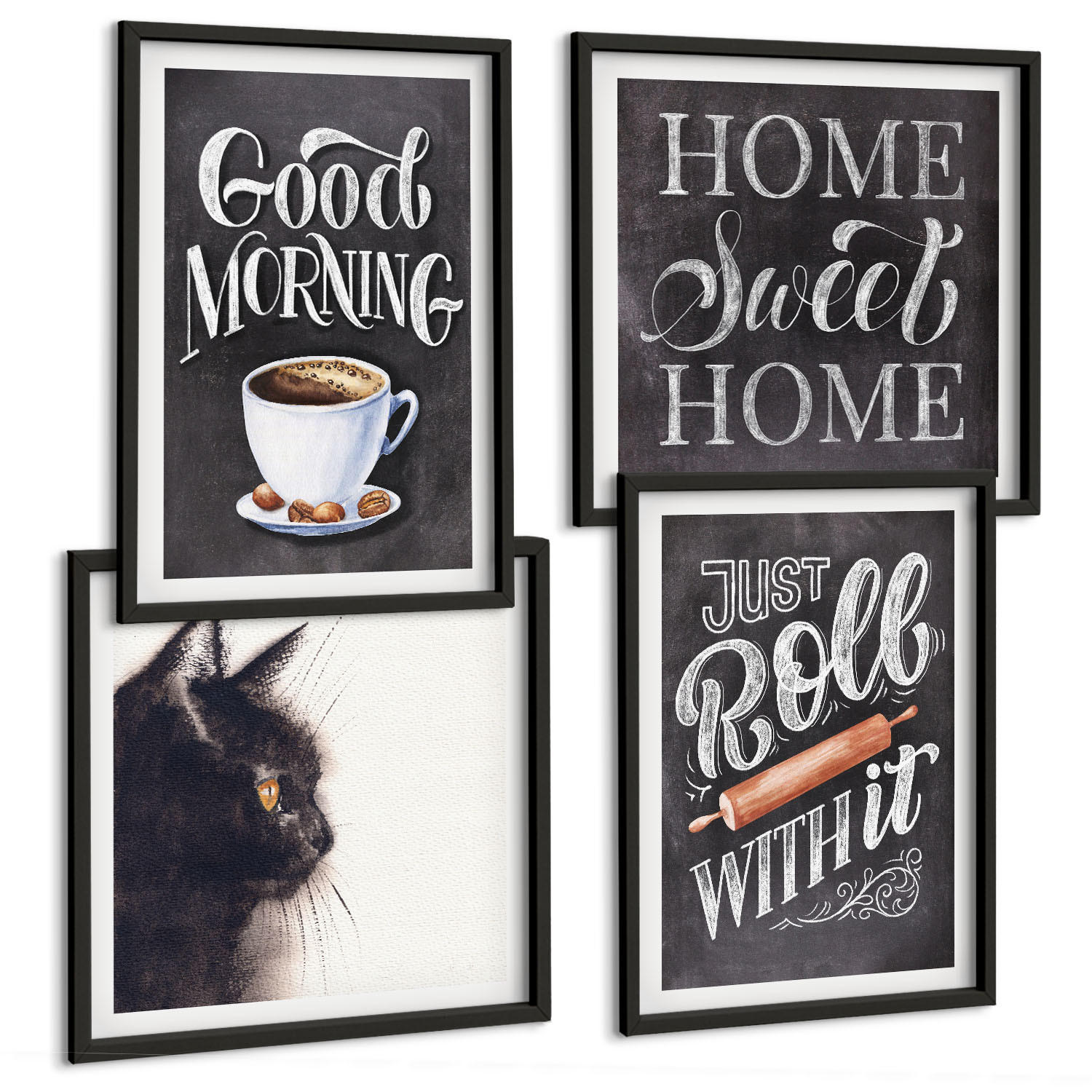 BILDER SET 4er Set - 50x50 cm & 40x60 cm Schwarzer Rahmen - Hausküchenthemen Katze - Schwarz, Kunststoff (50/50cm) - TULUP