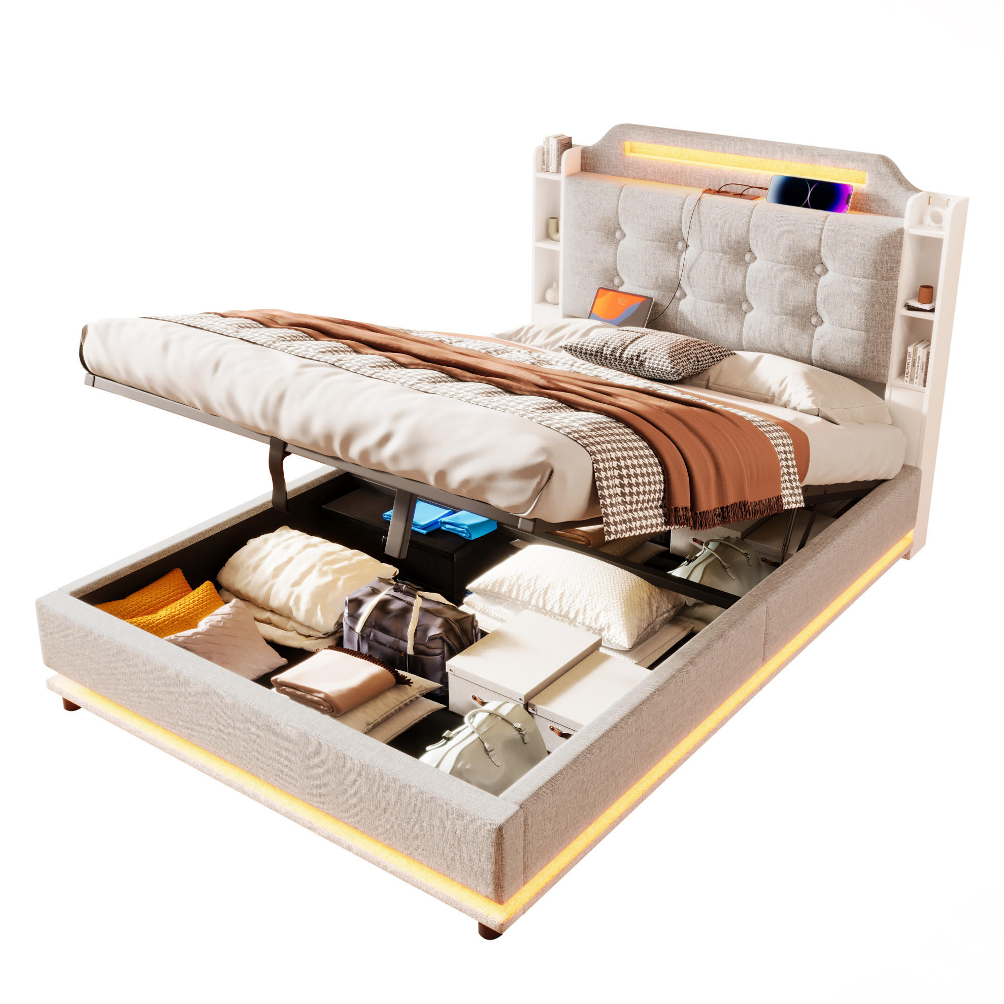 POLSTERBETT mit Bettkasten 140x200 cm Leinen Beige mit LED - Beige, Metall (140/200cm) - Meubliv
