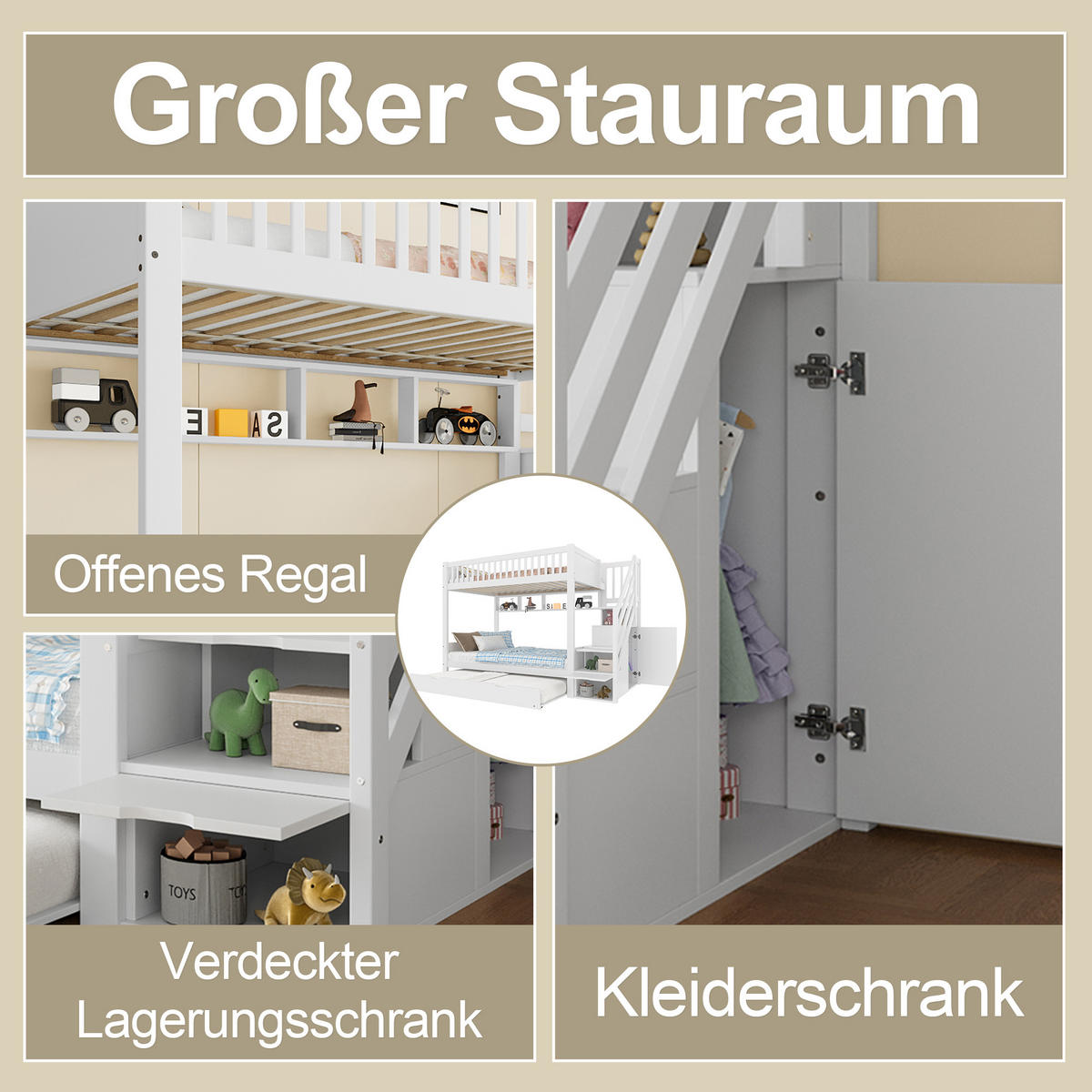 ETAGENBETT 90x200cm Weiß mit Ausziehbett Regal Kleiderschrank - Weiß, Holz (90/200cm) - FLIEKS