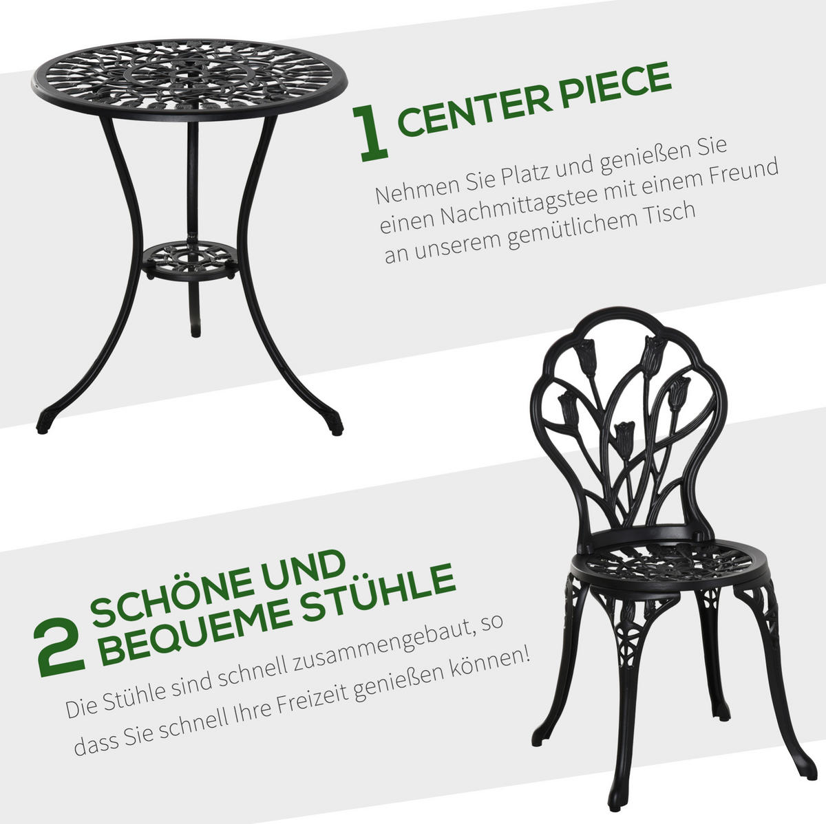 BISTRO set Ø60/67 cm černý z hliníku se skládacími židlemi pro 2 osoby - černá, kov - OKWISH