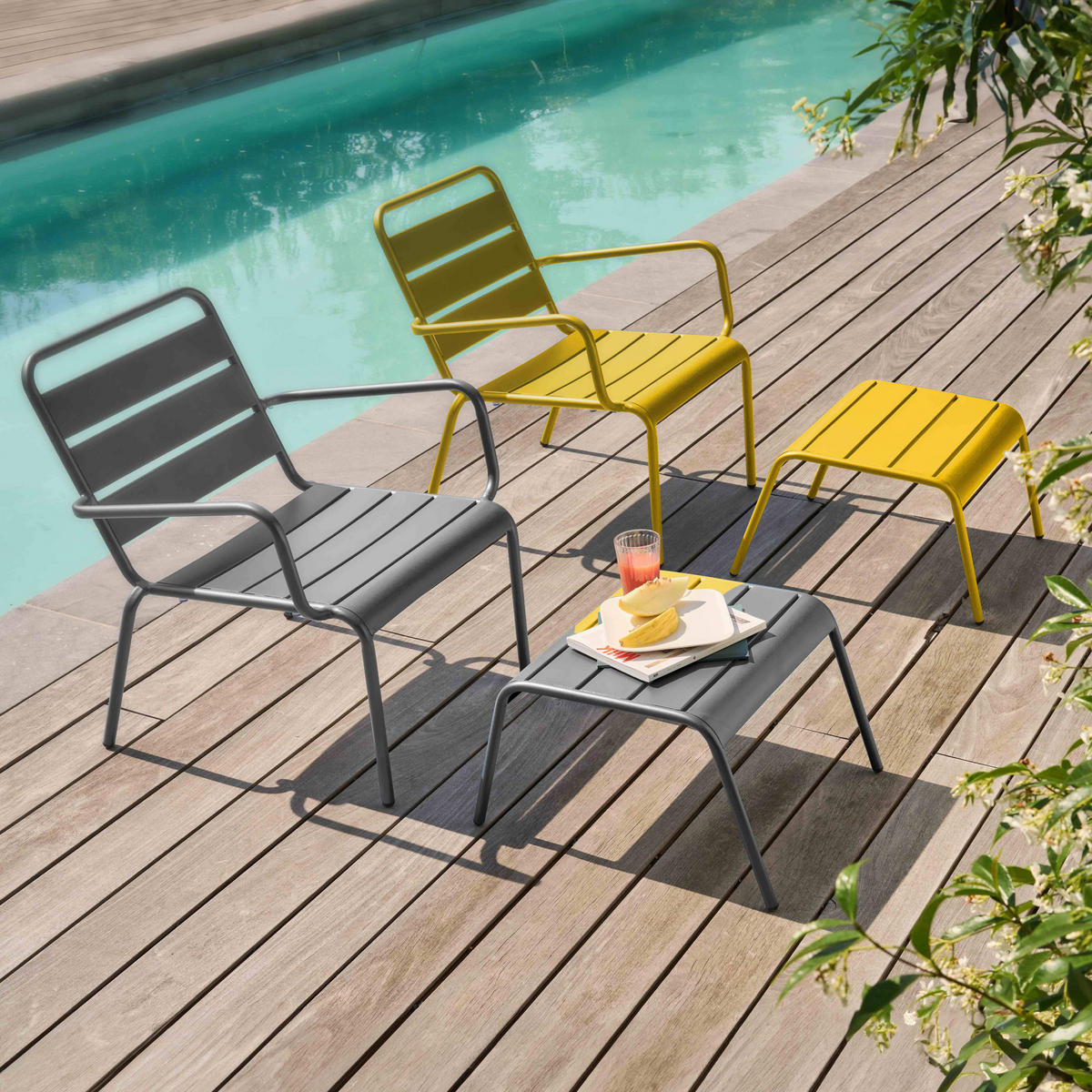 RELAXSESSEL MIT HOCKER 2-tlg., Grau/Gelb - Gelb, Metall (64/72/60cm) - Oviala