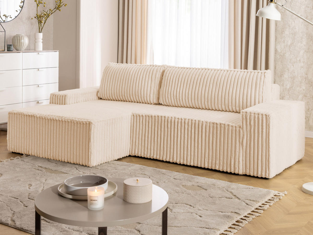ECKSOFA Rivio mit Schlaffunktion und Bettkasten, Plüschcord Helbeige - Beige/Schwarz, Holz/Kunststoff (149/262cm) - S-Style