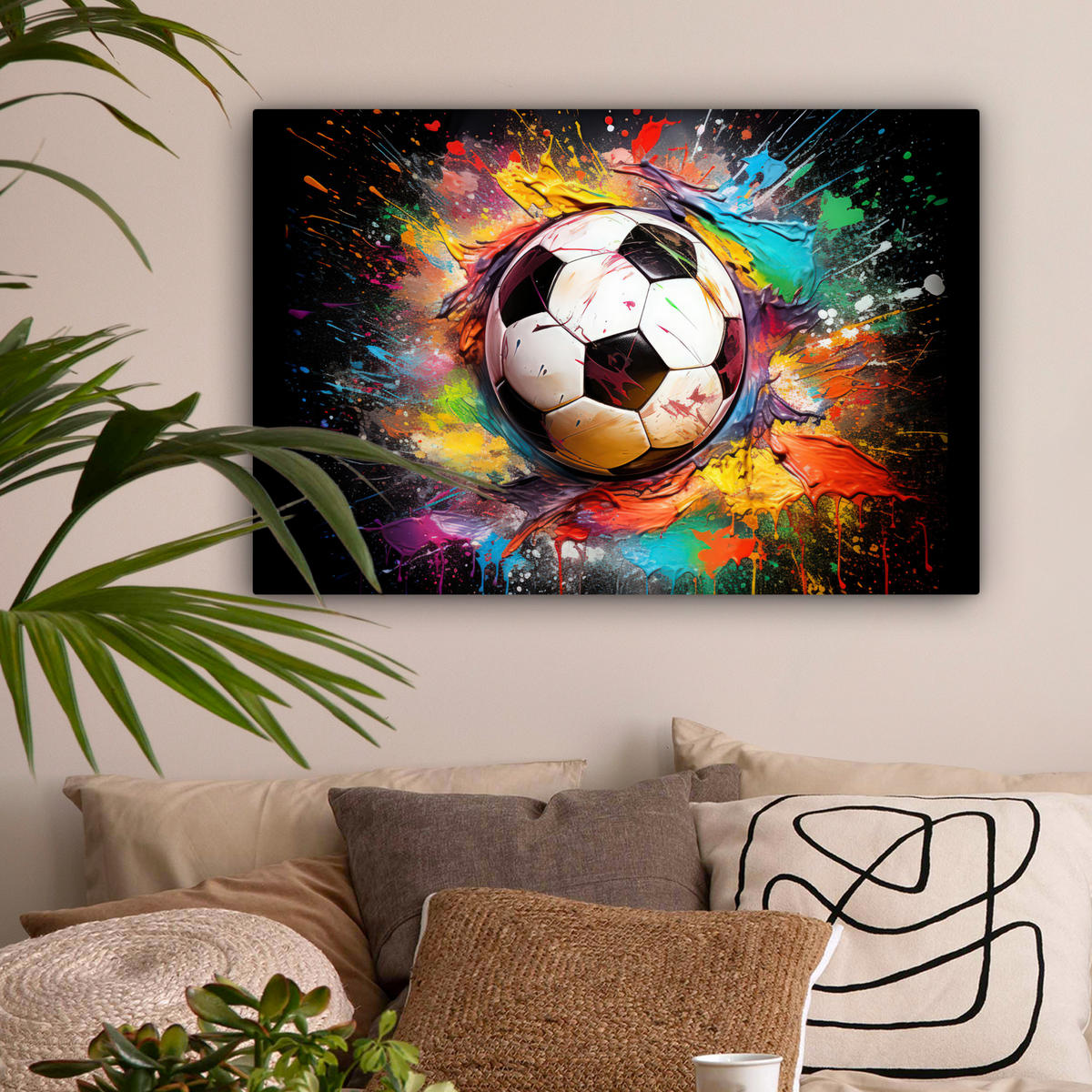 LEINWANDBILD Fußball - Farbe - Farben - Schwarz - Weiß Gemälde 60x40 cm - Weiß, Textil (60/40cm) - MuchoWow
