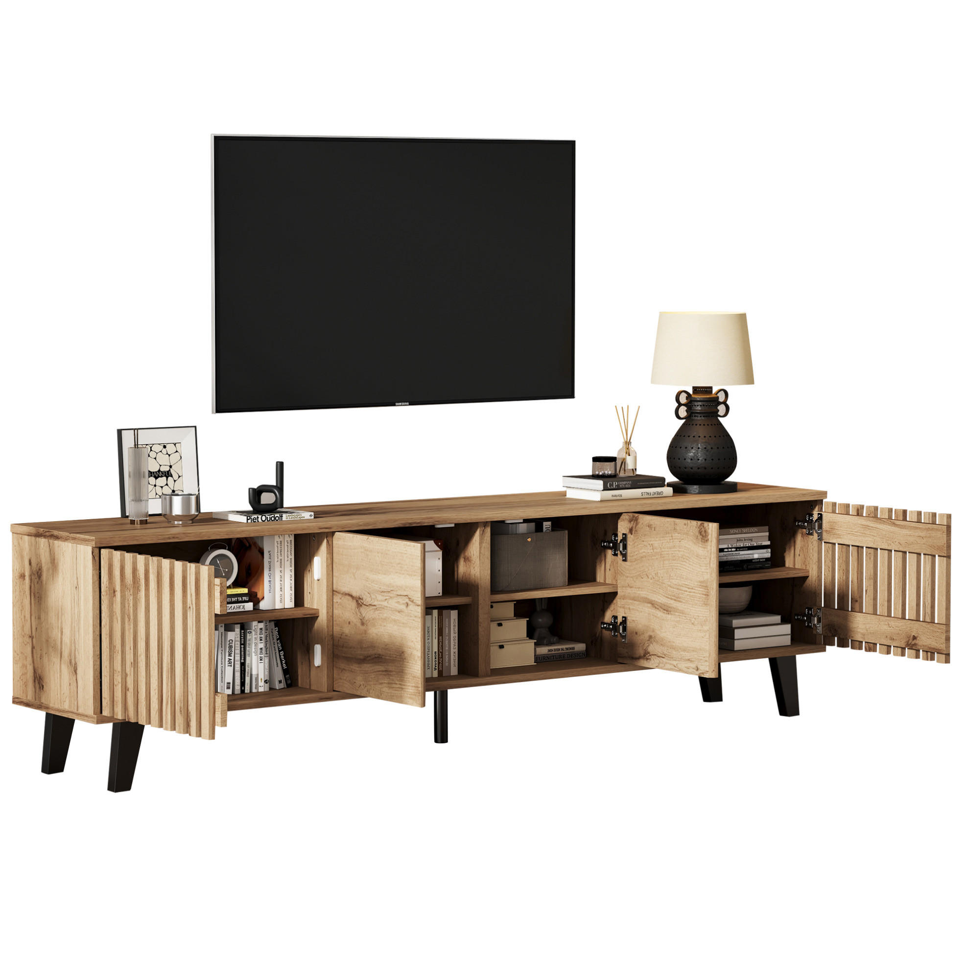 Modfu TV stolek z dřevotřísky 180x40x55 cm v přírodní barvě s černými PVC nohami, 4 dvířky a 8 přihrádkami