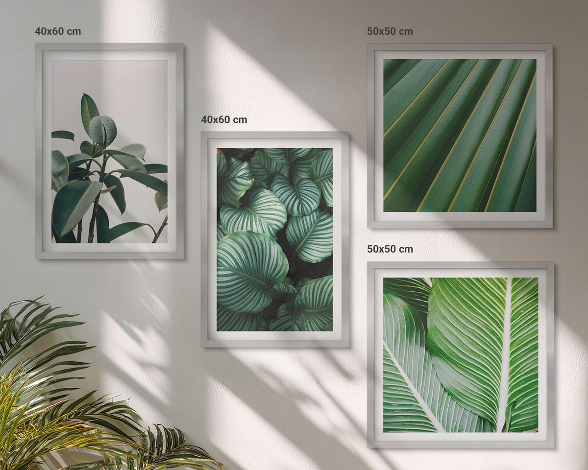 WANDBILDER 4er Set - 50x50 cm & 40x60 cm Silberner Rahmen - Tropische Blätter in Grün - Silberfarben, Kunststoff (50/50cm) - ArtPrintCave
