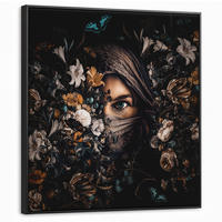 LEINWAND Bilder mit Rahmen - Frau - Luxus - Blumen - Schmetterling - Porträt - 90x90 - Schwarz, Textil (90/90cm) - MuchoWow