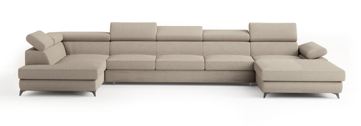 WOHNLANDSCHAFT MONTIVA Beige Boucle-Stoff mit Schlaffunktion - Beige, Holz (410/89/190cm) - MASSENO