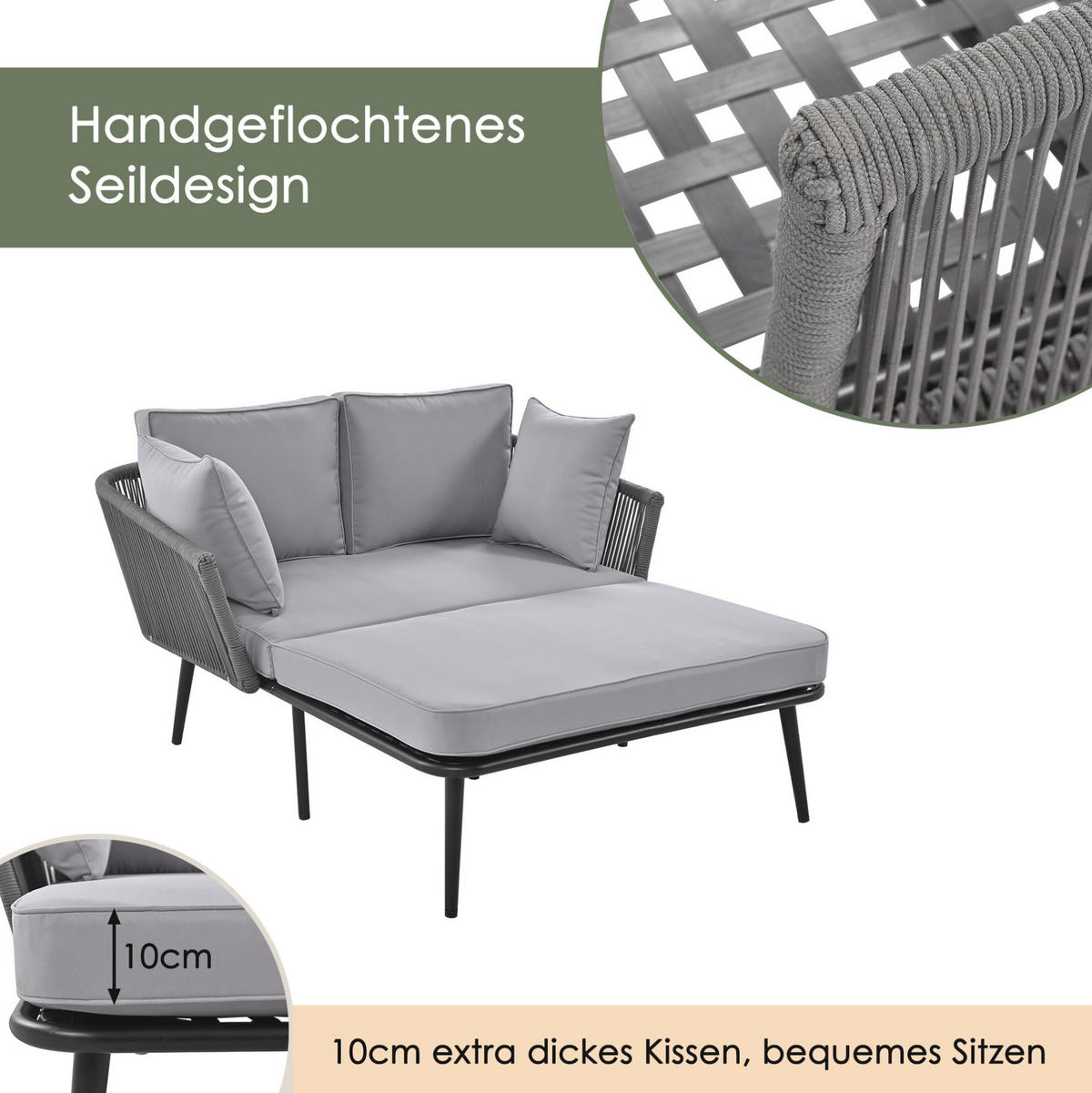 SONNENLIEGE 130/120/67 cm grau aus Polyester und Stahl mit abnehmbaren waschbaren Kissen - Grau, Kunststoff (120/67/130cm) - OKWISH