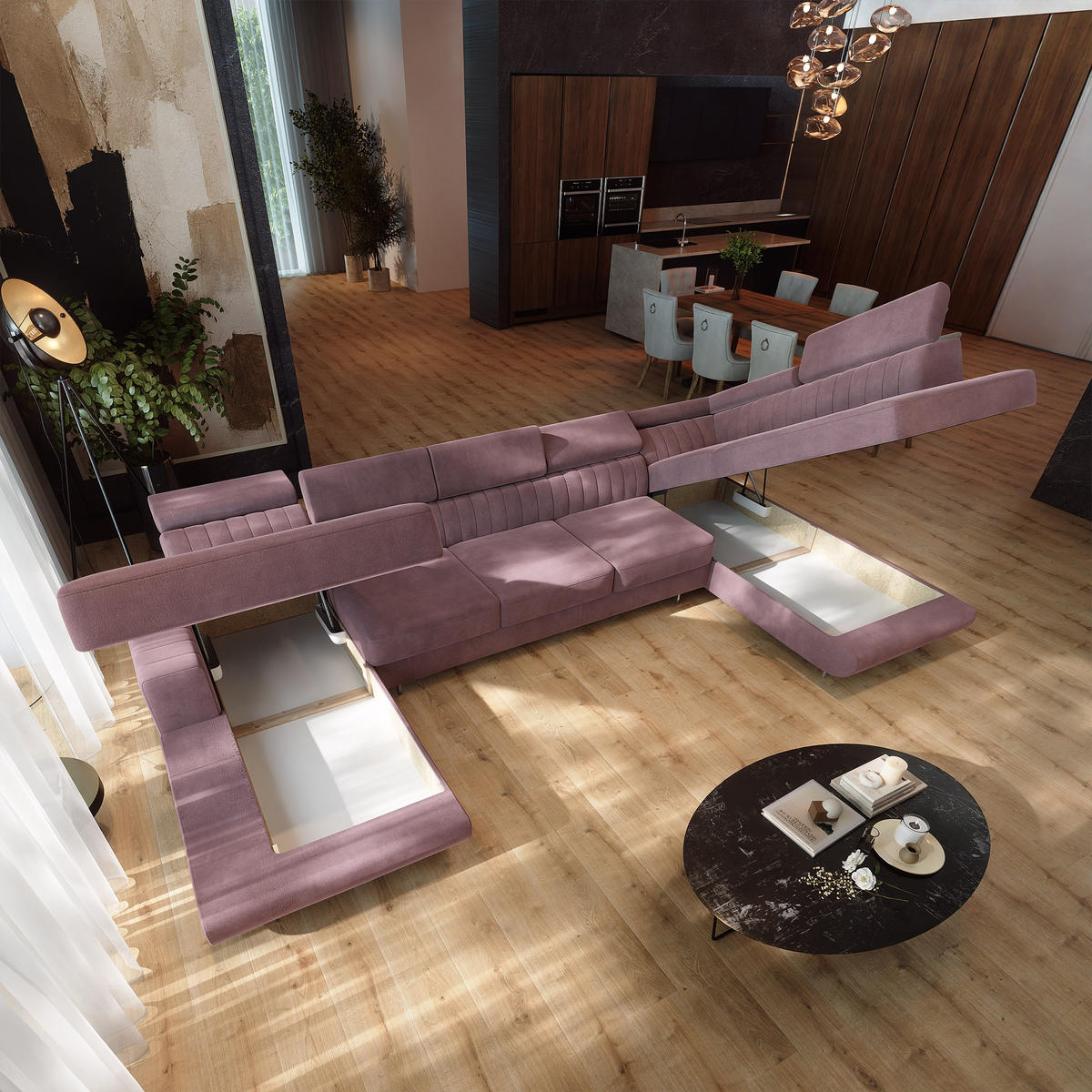 WOHNLANDSCHAFT GAIAN Lila Velours-Stoff mit Schlaffunktion - Lila, Holz (412/88/190cm) - MASSENO