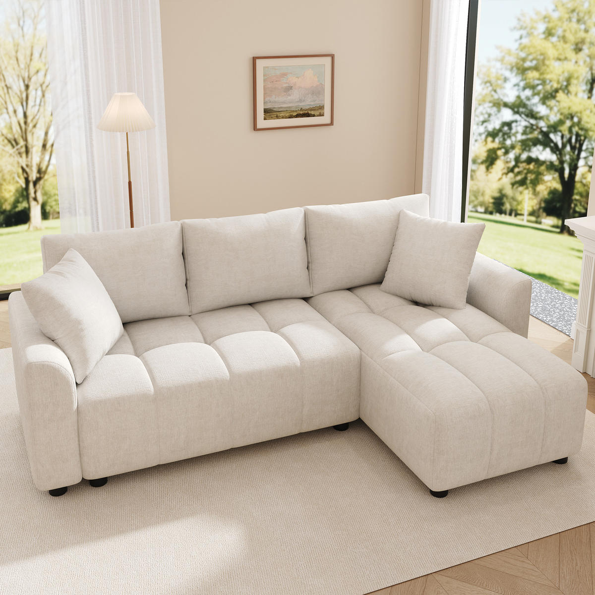 ECKSOFA 204/127/82.5 cm Beige Chenille mit 2 Zierkissen - Beige, Textil (204/127cm) - Oxeza