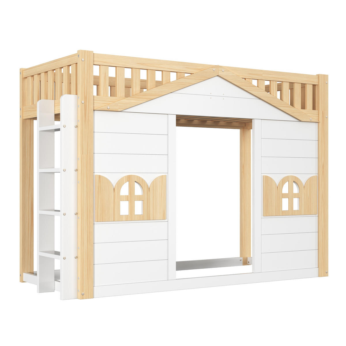 HOCHBETT 90/200 cm Weiß mit Fenster und Leiter ohne Matratze - Weiß, Holz (90/200cm) - MIVRAY