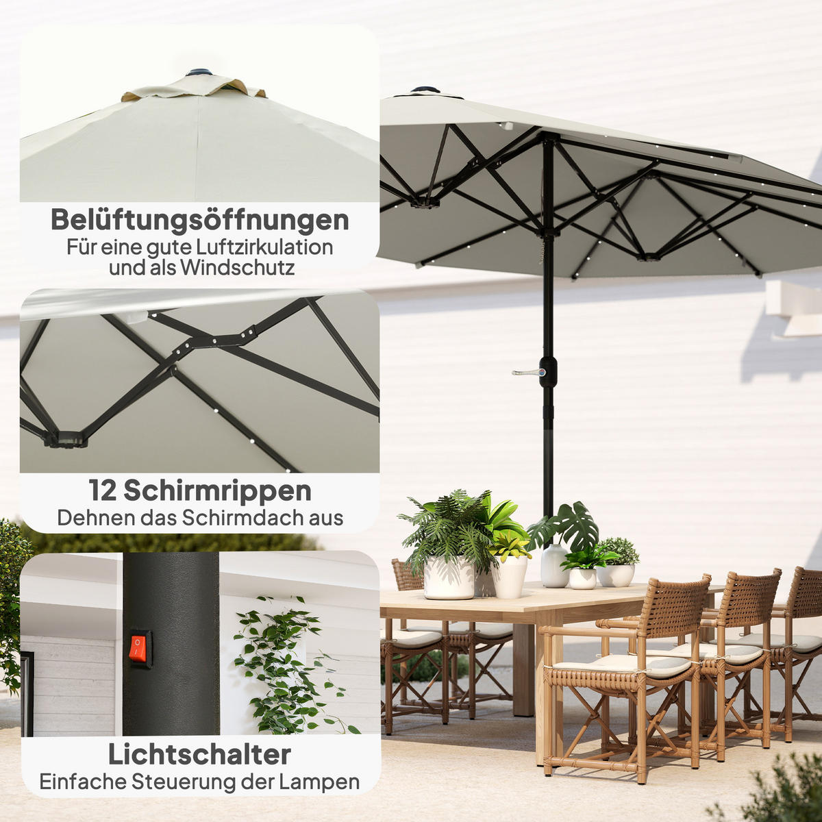 SONNENSCHIRM mit LED, Doppelsonnenschirm, Gartenschirm, Marktschirm, Oval, Metall, Cremeweiß - Weiß, Metall (440/256cm) - Outsunny