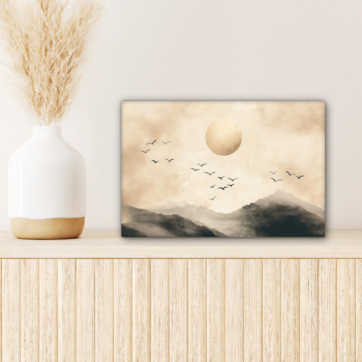LEINWANDBILD Landschaft - Japandi - Vogel 30x20 cm - Beige, Textil (30/20cm) - MuchoWow