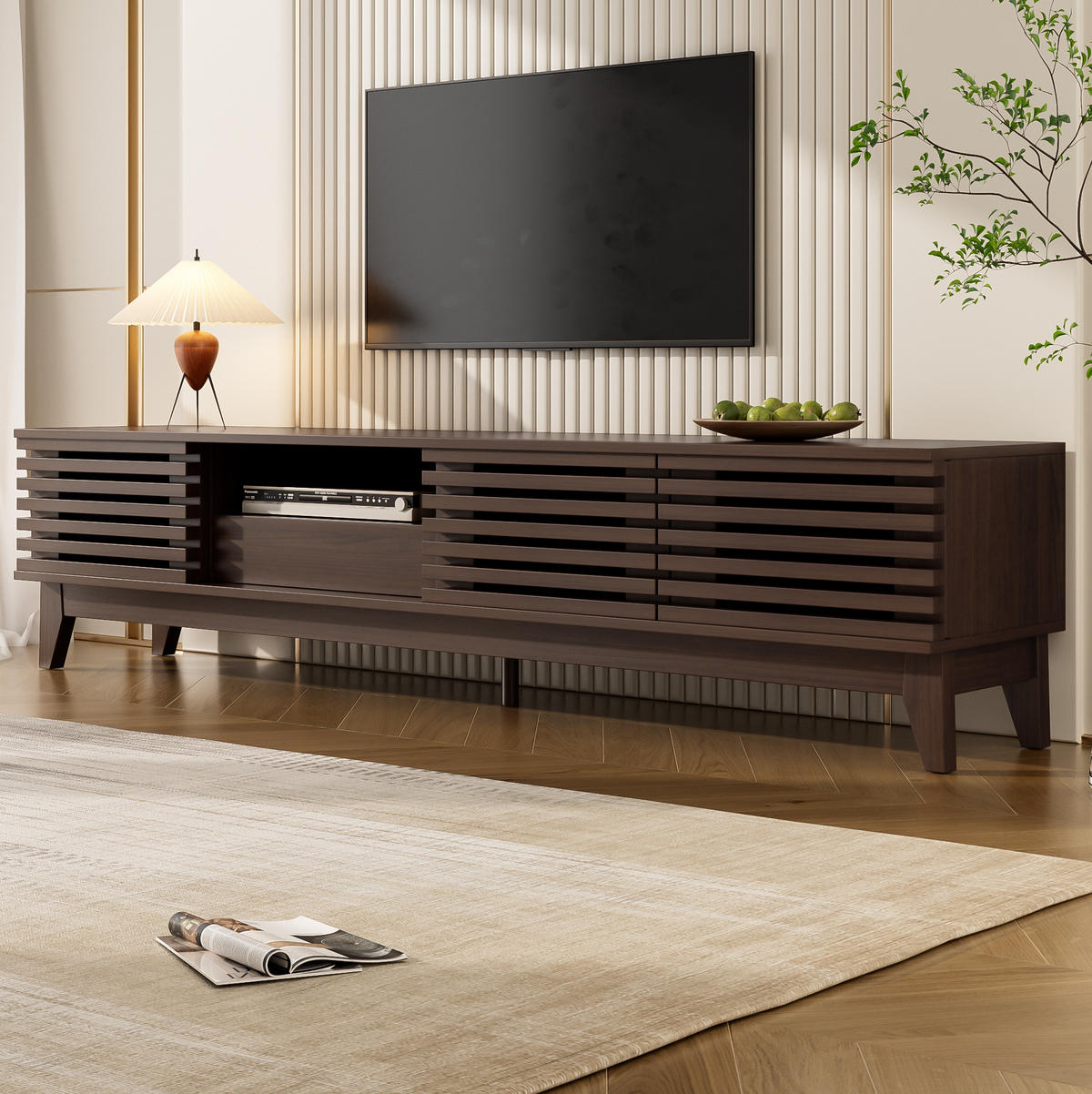 TV stolek 170/35/40 cm přírodní z dřevotřísky s úložným prostorem a kabelovými průchodkami - přírodní, kompozitní dřevo (170/40/35cm) - OKWISH