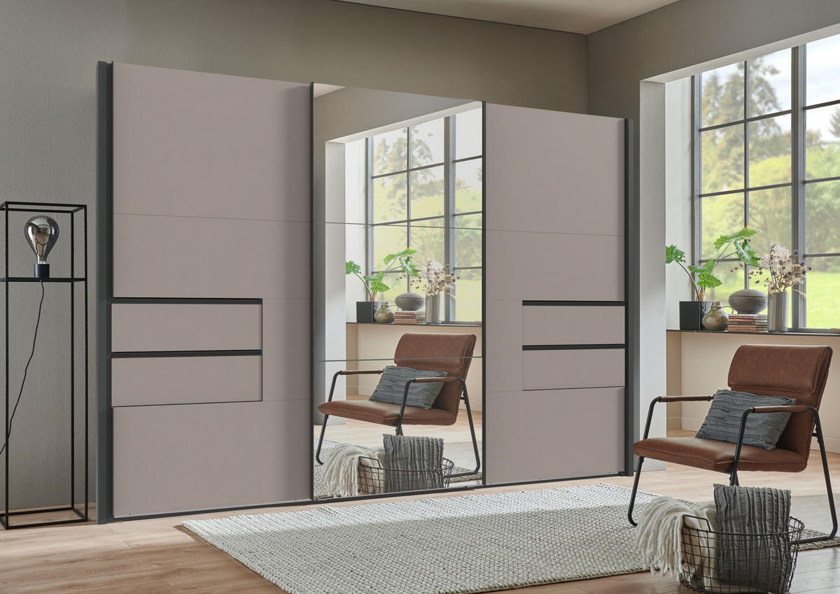 SCHWEBETÜRENSCHRANK B312/H216/T65 cm, Korpus+Passepartout Grafit, Türen+Schubladen Sand Grau / Spiegel, inkl. Vollausstattung / 22066 - Sandfarben/Schwarz, Holzwerkstoff/Metall (312/216/65cm) - luma-home