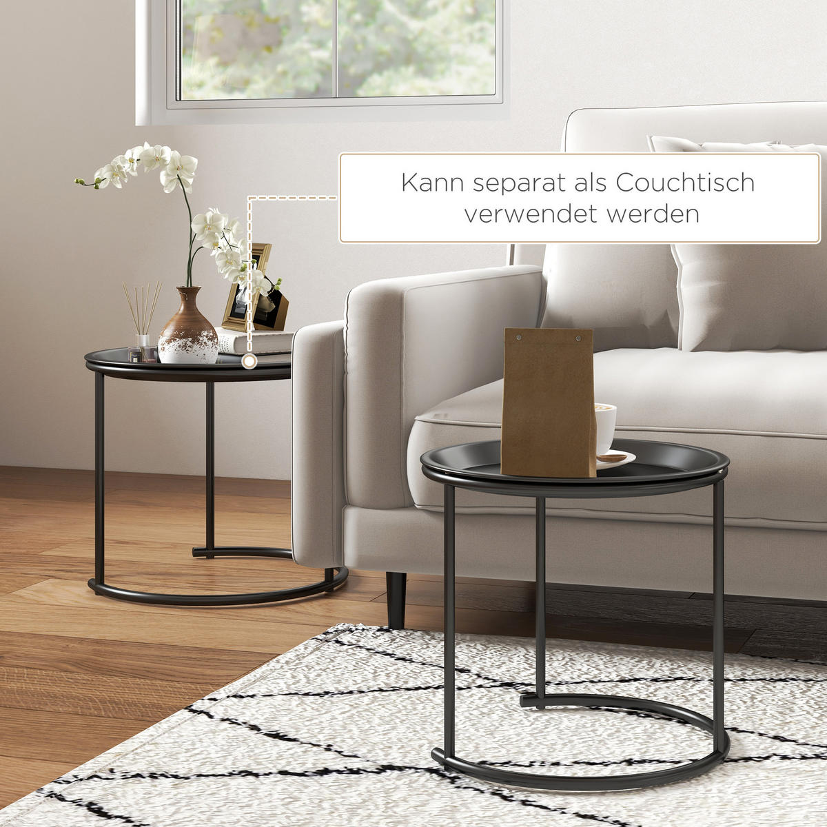COUCHTISCH-SET 43/43/35 cm schwarz aus Stahl mit abnehmbaren Tabletts - Schwarz, Metall (43/43/38cm) - OKWISH