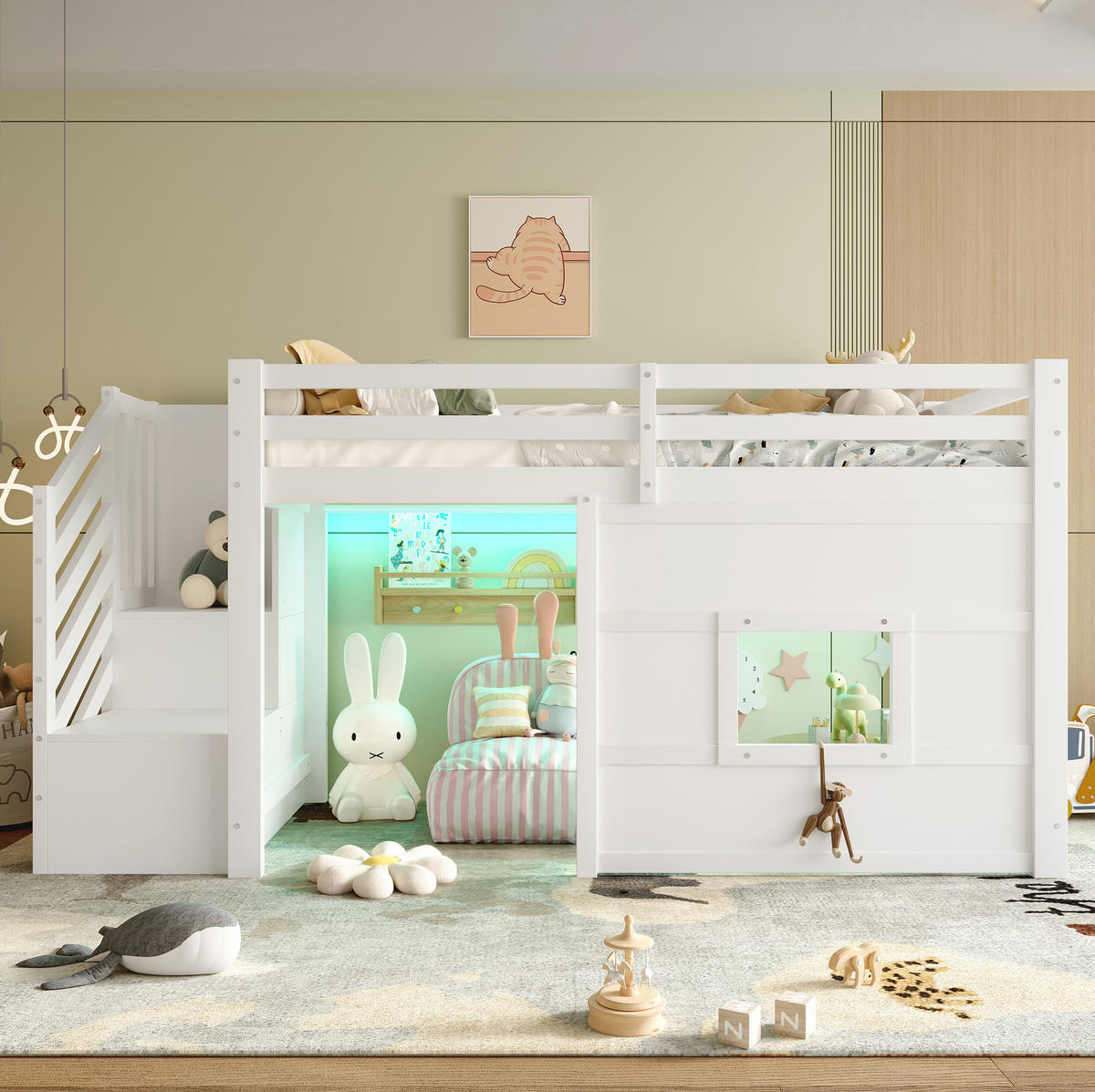 HOCHBETT 90/200 cm, Weiß mit Stauraumtreppe, Fenster und LED - Weiß, Holz (90/200cm) - MIVRAY