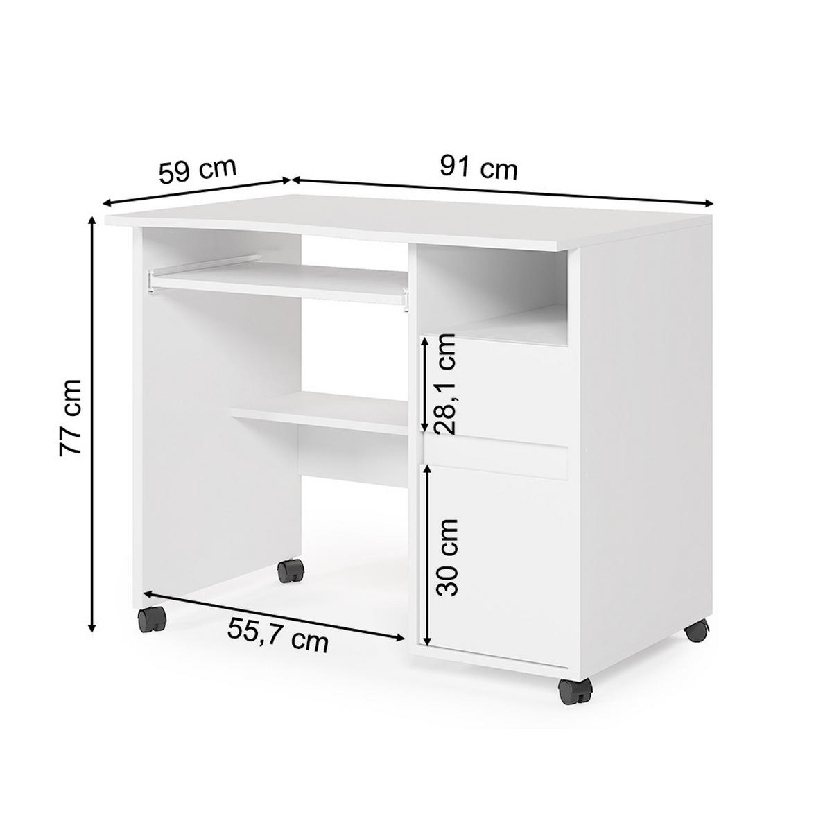 SCHREIBTISCH Polo Weiß 91 x 59 cm - Weiß, Holzwerkstoff (59/91/77cm) - Vicco