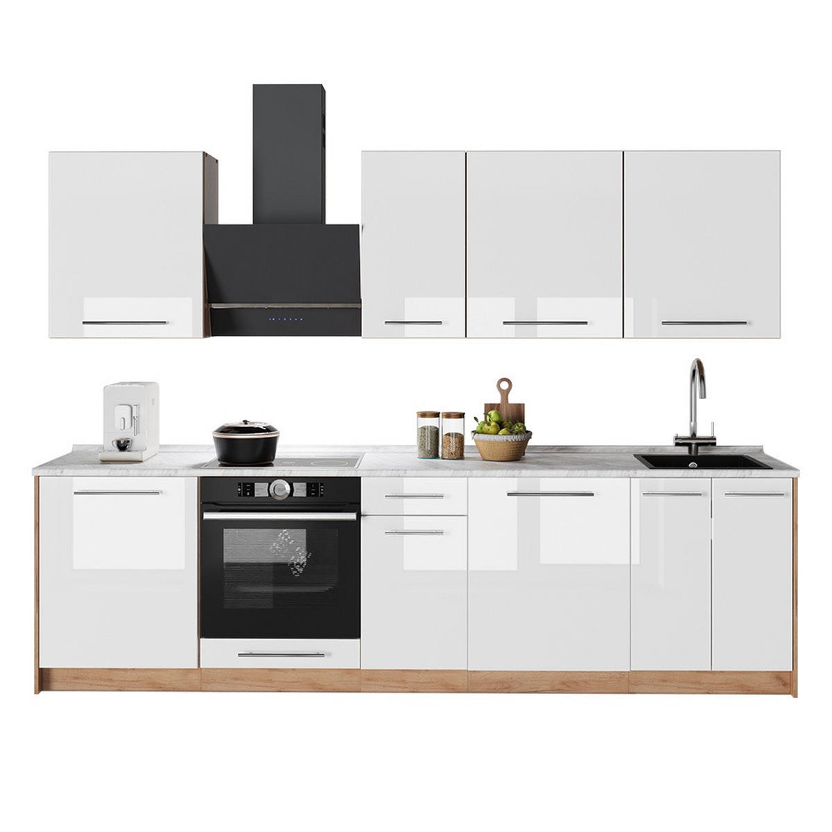 KÜCHENZEILE Fame-Line, Weiß Hochglanz/Goldkraft Eiche, 280 cm ohne Arbeitsplatte - Honigeiche/Weiß Hochglanz, Holzwerkstoff (280/82/51.6cm) - Vicco