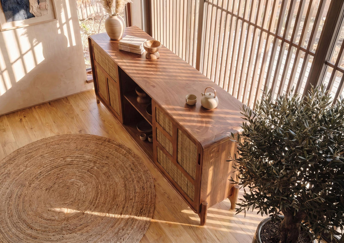 SIDEBOARD Mango/Seegras 180x40x80 hellbraun lackiert MIZUMI #102 - Braun, Holz (180/80/40cm) - Massivmoebel24