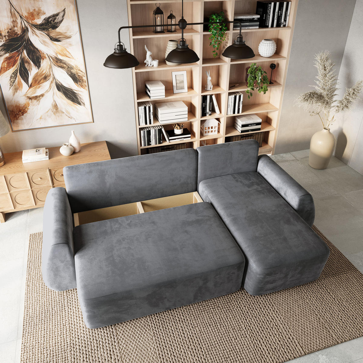 ECKSOFA GALVIS Grau Velours-Stoff mit Schlaffunktion - Grau, Holz (256/156cm) - MASSENO